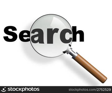 Magnifier. The isolated magnifier on a white background with the wooden handle