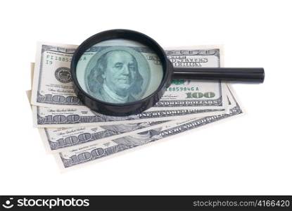Magnifier with dollars isolated on white background