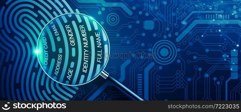 Magnifying glass and Fingerprint with personal information. Fingerprint digital technology, Digital verification access, and Biometrics authentication technology Concept. 3D rendering.