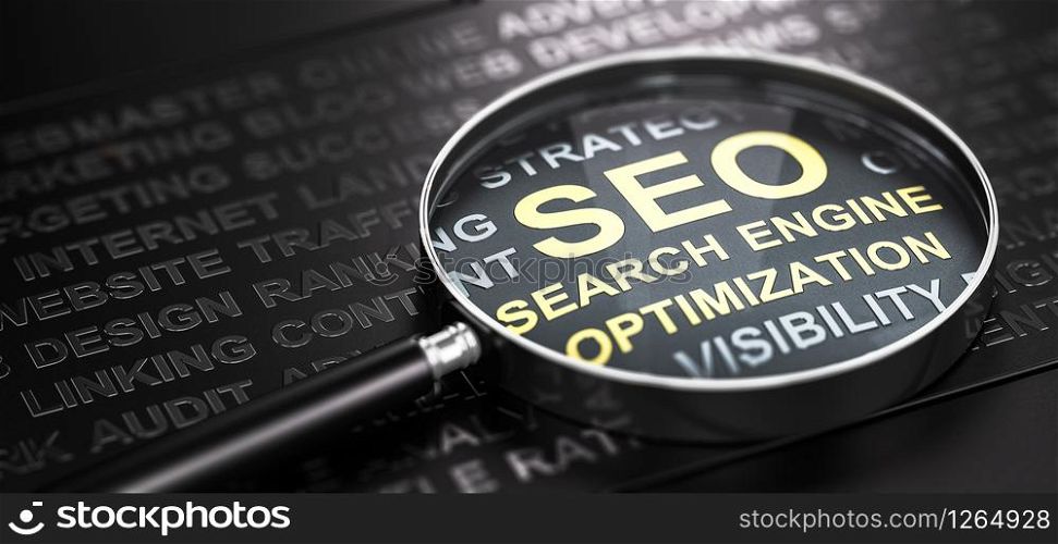 Magnifying glass and many words over black background, with the text SEO (Search Engine Optimization) written with golden letters. Internet marketing and web analytics concept. 3D illustration. Internet Marketing and Web Analytics. Seo Search Engine Optimization.