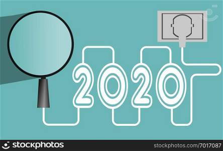 Magnifying glass and year 2020 with plug at the end, 3D rendering