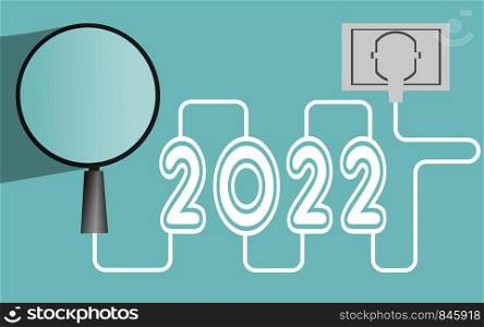 Magnifying glass and year 2022 with plug at the end, 3D rendering