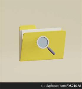 Magnifying glass and yellow folder with files. Concept of searching document. 3d render illustration.