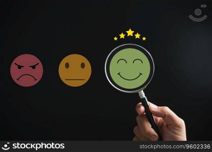 Magnifying glass discovers smiley face icon. Customer satisfaction and evaluation after service or marketing survey. Magnification, satisfaction, reputation, corporate, customer, emotion depicted.