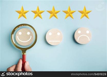 Magnifying glass held by hand selects happy smiley face icon among emotions. Good feedback rating, positive customer review. Experience, satisfaction survey. Certificate represents satisfaction.