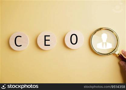 Magnifying glass, Human resources officer finds leader and CEO. HR manager selects employee. HR, HRM, HRD concepts. Circle wooden sign with CEO text. The photo portrays talent search in HR.