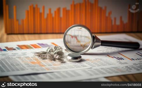 Magnifying glass on financial report with candlestick chart and coins