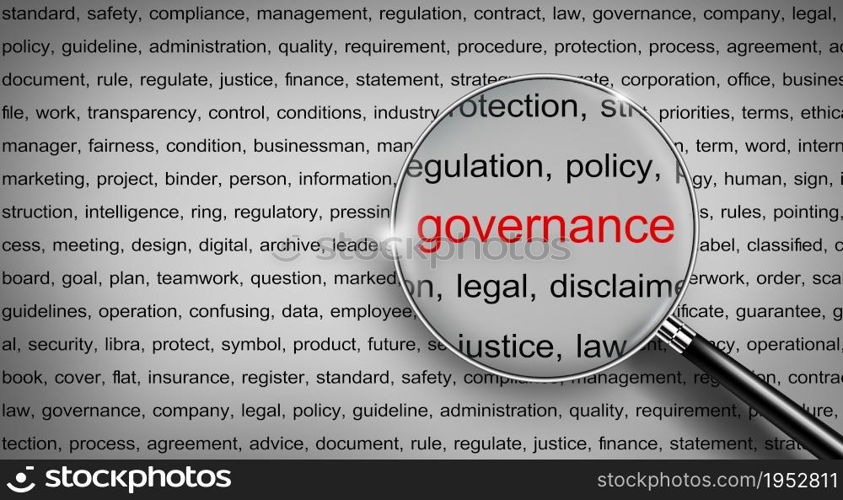 Magnifying glass on Governance word. Word cloud and governance word in red color. Governance concept. 3D illustration.