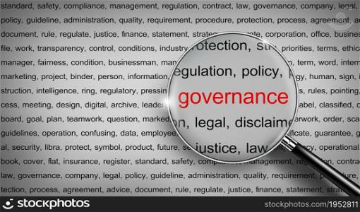 Magnifying glass on Governance word. Word cloud and governance word in red color. Governance concept. 3D illustration.