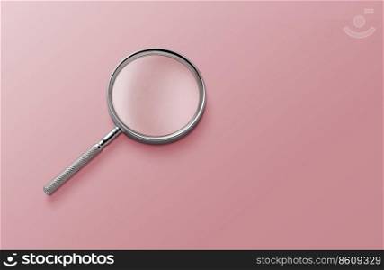 magnifying glass on pink background top view lying flat copy space concept