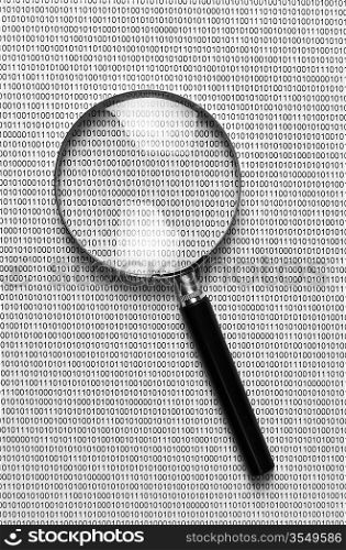 magnifying glass on the background of a binary code