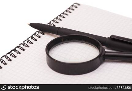 Magnifying Glass,Pen And Notebook