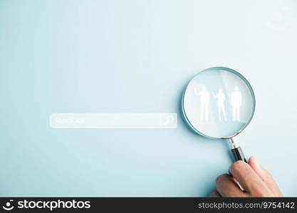 Magnifying glass revealing job search concept, emphasizing the importance of finding fulfilling careers. Seeking employment opportunities in a dynamic and interconnected world. job search. Focused magnifying glass on job search concept