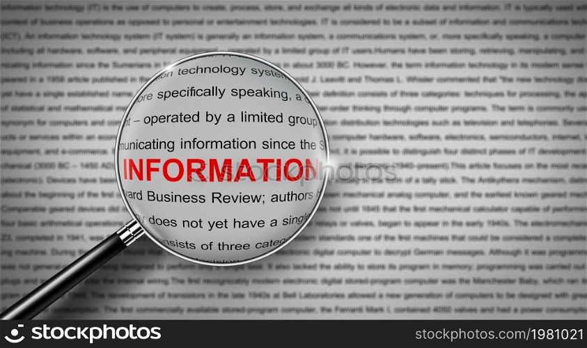 Magnifying glass search information word. Search engine and Search Document. Information business searching Concept. 3D Illustration.