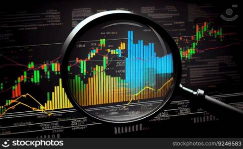 Magnifying glass search of investing and stock market created with. Generative ai art. Magnifying glass search of investing and stock market created with. Generative ai
