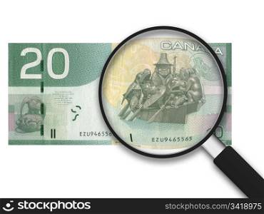 Magnifying Glass with a 20 Canadian Bank Note on white background