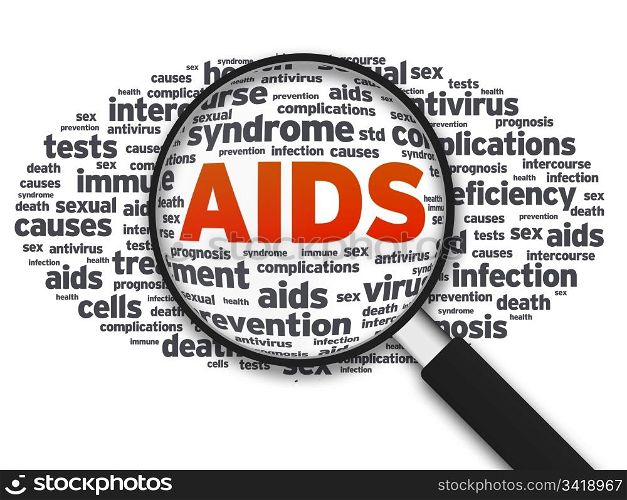 Magnifying glass with a aids word cloud on white background.