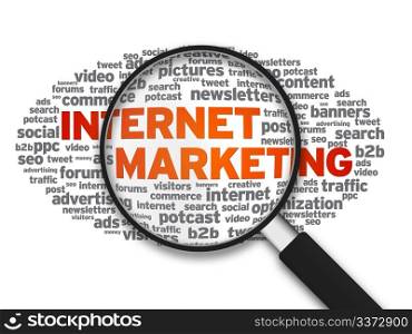 Magnifying glass with a internet marketing cloud on white background.