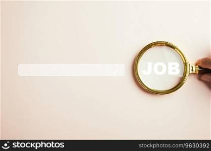 Magnifying glass with a sharp focus on JOB text, illustrating importance of thorough research and exploration in discovering suitable job opportunities and career paths. job search