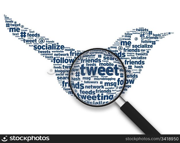 Magnifying glass with a Tweeting Bird word cloud on white background.