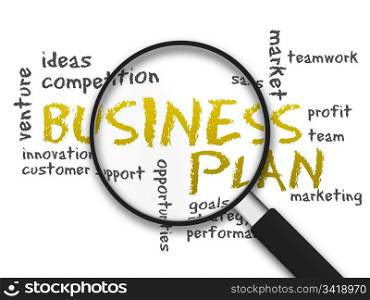 Magnifying Glass with business plan illustration on white background
