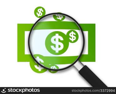 Magnifying Glass with Dollar signs on white background