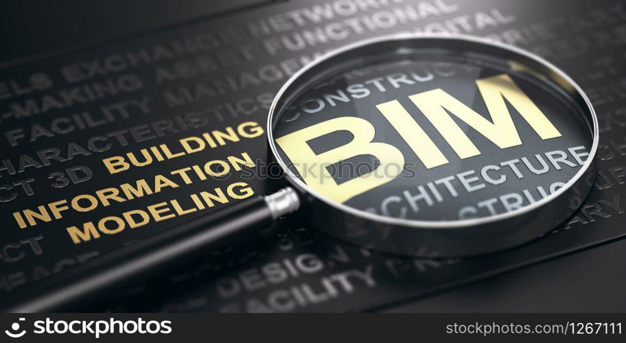 Magnifying glass with focus on the acronym BIM (Building Information Modeling) written in golden letters over black background. 3D illustration.. BIM - Building Information Modeling