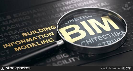 Magnifying glass with focus on the acronym BIM (Building Information Modeling) written in golden letters over black background. 3D illustration.. BIM - Building Information Modeling
