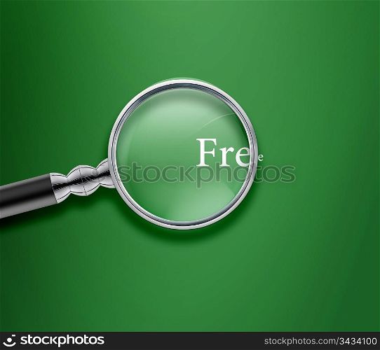 Magnifying glass with Free word on Green background.. Magnifying glass