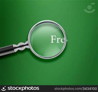 Magnifying glass with Free word on Green background.. Magnifying glass
