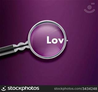 Magnifying glass with Love word on Pink background.. Magnifying glass