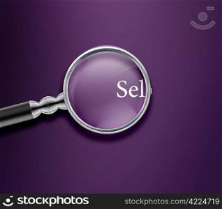 Magnifying glass with Sell word on purble background.. Magnifying glass