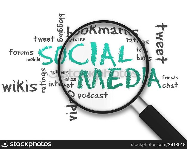Magnifying Glass with social media illustration on white background