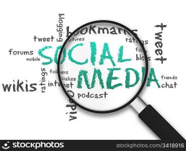 Magnifying Glass with social media illustration on white background