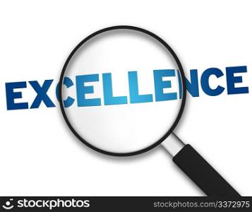 Magnifying Glass with the word Excellence on white background.
