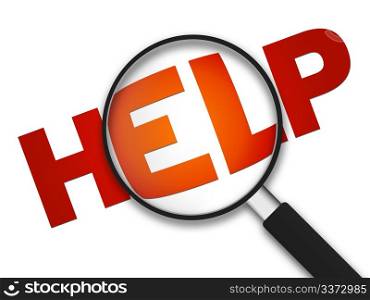 Magnifying Glass with the word help on white background.