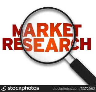 Magnifying Glass with the word Market Research on white background.