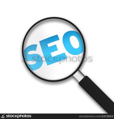 Magnifying Glass with the word SEO on white background.