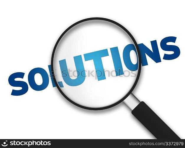 Magnifying Glass with the word Solutions on white background.