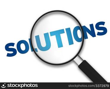 Magnifying Glass with the word Solutions on white background.
