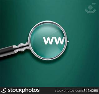 Magnifying glass with www word on Green background.. Magnifying glass
