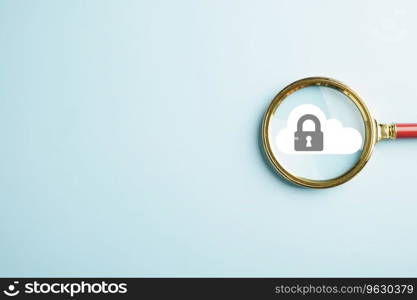 Magnifying glass zooms in on cloud big data, showcasing digital network connection and modern communication. Innovative online backup with secure protection. Illustrating the cloud computing concept.