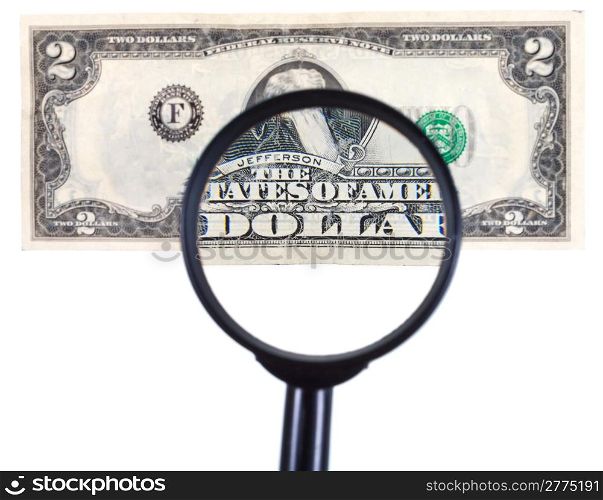 magnifying loupe zoom banknote isolated on white background