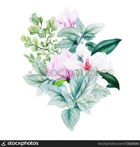 Magnolia and leaves, bright watercolor bouquet with fern and lamb ears, hand drawn illustration