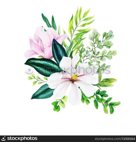 Magnolia and leaves, bright watercolor bouquet with fern, hand drawn illustration