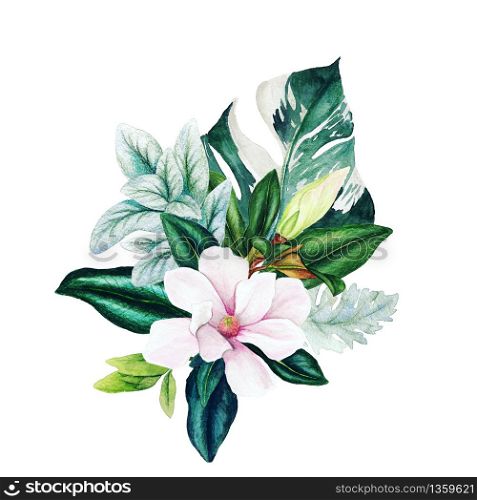 Magnolia and leaves, bright watercolor bouquet with monstera leaves, hand drawn illustration