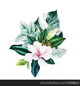 Magnolia and leaves, bright watercolor bouquet with monstera leaves, hand drawn illustration