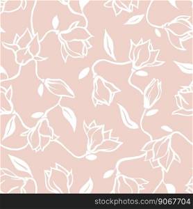 Magnolia seamless pattern. White outline hand drawn flowers and leaves on pale pink background. Romantic floral design for wallpapers, textile.
