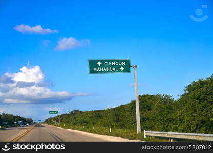 Mahahual Cancun road sign in Mexico Costa Maya