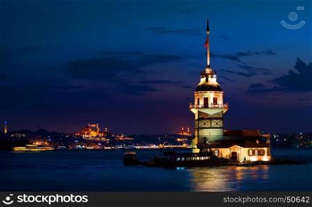 Maiden's Tower and cityscape of Istanbul at night, Turkey